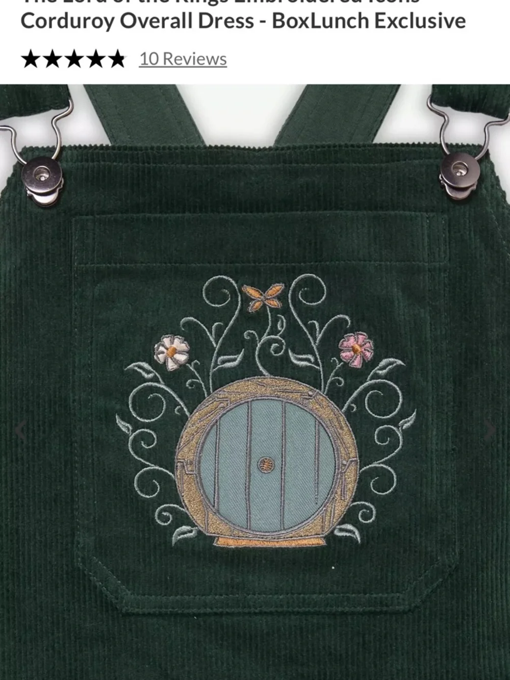 LOTR BoxLunch Embroidered Corduroy Overall Dress in Deep Green - Picture 3 of 7